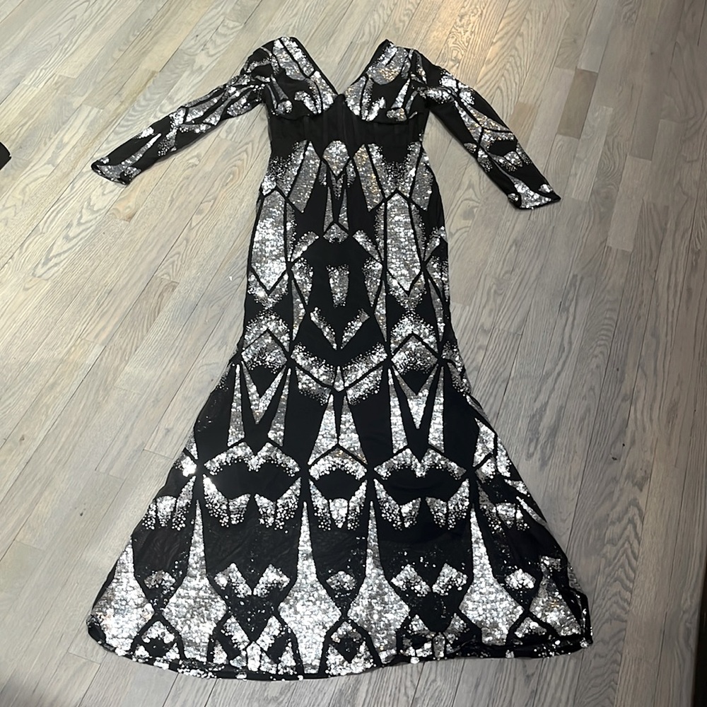 Black Mesh Panel Sequin Mermaid Hem Dress